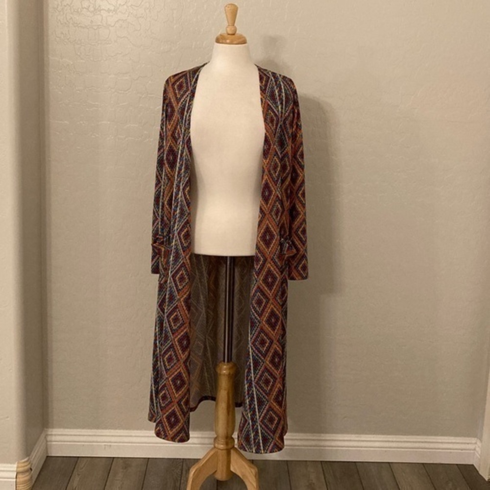 LuLaRoe Sarah Long Duster Cardigan Kimono Geometric Print Small
